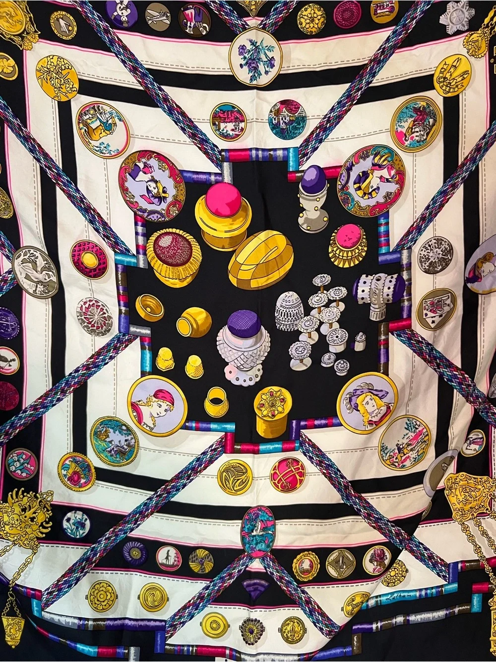Hermes Black, White, Gold, Purple & Pink Silk Scarf